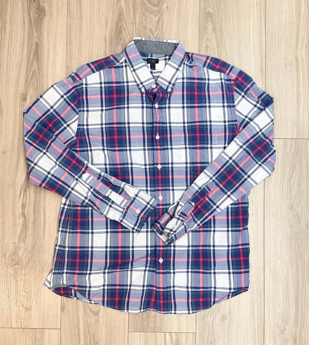 J. Crew Plaid Button Down Long Sleeve Shirt Blue Red White Men's XL